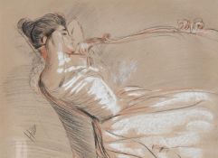 PAUL CÉSAR HELLEU (FRENCH 1859-1927), JEUNE FEMME AU REPOS SUR UN CANAPE