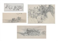 λ LUCY KEMP-WELCH (BRITISH 1869-1958), A THIRSTY DAY; PONY TREKKING ON MOOR; HOVERING ABOVE; 3 FRIEN