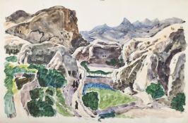 λ JULIAN TREVELYAN (BRITISH 1910-1988), FIGURES ON A PATH IN A MOUNTAINOUS LANDSCAPE