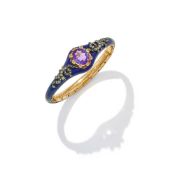 AN AMETHYST, DIAMOND AND ENAMEL BANGLE