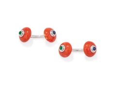 Y DEAKIN & FRANCIS, A PAIR OF CORAL, EMERALD AND SAPPHIRE CUFFLINKS