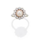 A PEARL AND DIAMOND CLUSTER RING