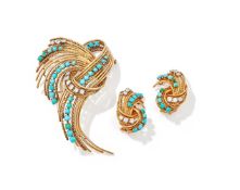 A FRENCH TURQUOISE AND DIAMOND BROOCH AND EARRING SUITE