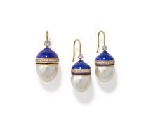 A CULTURED PEARL, ENAMEL AND DIAMOND PENDANT AND EARRING SET