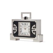 CARTIER, REF. 2749, A STAINLESS STEEL AND ENAMEL DESK ALARM CLOCK