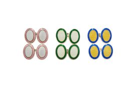 DEAKIN & FRANCIS, THREE PAIRS OF SILVER AND ENAMEL DOUBLE SIDED OVAL CUFFLINKS