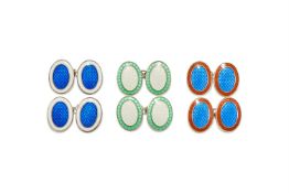 DEAKIN & FRANCIS, THREE PAIRS OF SILVER AND ENAMEL DOUBLE SIDED OVAL CUFFLINKS