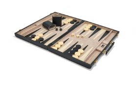 HARRODS, A BLACK OSTRICH AND LEATHER BACKGAMMON SET
