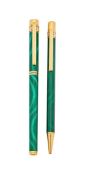 CARTIER, MUST DE CARTIER, TRINITY, A MALACHITE LACQUER FOUNTAIN PEN AND BALLPOINT