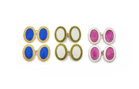 DEAKIN & FRANCIS, THREE PAIRS OF SILVER AND ENAMEL DOUBLE SIDED OVAL CUFFLINKS