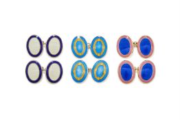 DEAKIN & FRANCIS, TWO PAIRS OF SILVER AND ENAMEL DOUBLE SIDED OVAL CUFFLINKS