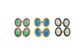 DEAKIN & FRANCIS, THREE PAIRS OF SILVER AND ENAMEL DOUBLE SIDED OVAL CUFFLINKS