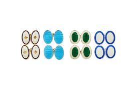 DEAKIN & FRANCIS FOR ANNABEL JONES, A PAIR OF SILVER GILT AND ENAMEL DOUBLE SIDED OVAL CUFFLINKS