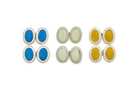 DEAKIN & FRANCIS, THREE PAIRS OF SILVER AND ENAMEL DOUBLE SIDED OVAL CUFFLINKS
