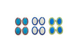 DEAKIN & FRANCIS, THREE PAIRS OF SILVER AND ENAMEL DOUBLE SIDED OVAL CUFFLINKS