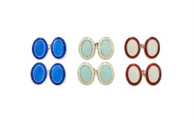 DEAKIN & FRANCIS, THREE PAIRS OF SILVER AND ENAMEL DOUBLE SIDED OVAL CUFFLINKS