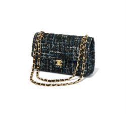CHANEL, CLASSIC DOUBLE FLAP, A BLACK, BLUE AND GREY TWEED HANDBAG