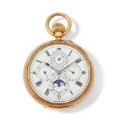 A. JOHANNSEN & CO., AN 18 CARAT GOLD OPEN FACE CALENDAR POCKET WATCH WITH MOONPHASE