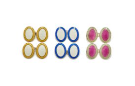 DEAKIN & FRANCIS, THREE PAIRS OF SILVER AND ENAMEL DOUBLE SIDED OVAL CUFFLINKS