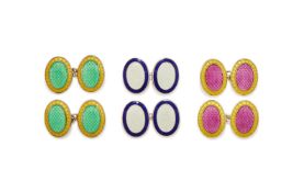 DEAKIN & FRANCIS, THREE PAIRS OF SILVER AND ENAMEL DOUBLE SIDED OVAL CUFFLINKS