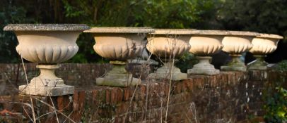 A SET OF SIX COMPOSITION STONE PEDESTAL PLANTERS, 20TH CENTURY