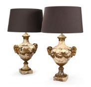A PAIR OF VARIEGATED MARBLE AND GILT METAL MOUNTED URNS, 19TH CENTURY
