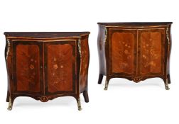 Y A PAIR OF GEORGE III KINGWOOD, ROSEWOOD AND HAREWOOD SERPENTINE COMMODES, CIRCA 1770