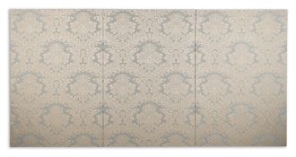 † A SET OF THREE 'BOWOOD' DAMASK VENUS BLUE WOVEN FABRIC PANELS, BY WATTS 1874, CONTEMPORARY