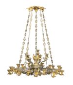 A LARGE GILT AND PATINATED BRONZE TWENTY SIX LIGHT CHANDELIER, PROBABLY FRENCH, MID 19TH CENTURY