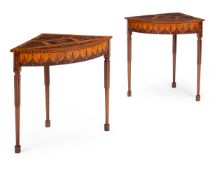 Y AN UNUSUAL PAIR OF CONTINENTAL ROSEWOOD, OLIVEWOOD AND MARQUETRY CONRER TABLES, PROBABLY ITALIAN