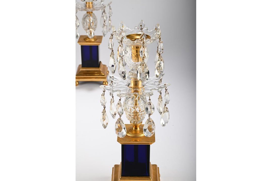 A PAIR OF GEORGE III GILT BRONZE, CUT CLEAR AND BLUE GLASS CANDLESTICKS, CIRCA 1800 - Image 3 of 3