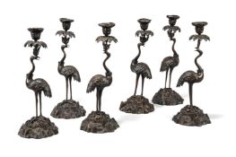 A RARE SET OF SIX WILLIAM IV BRONZE CRANE CANDLESTICKS, IN THE MANNER OF THOMAS ABBOTT, CIRCA 1835