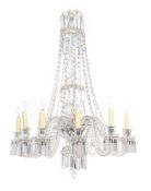 A GLASS MOUNTED SILVERED FRAME TWELVE LIGHT CHANDELIER, IN THE MANNER OF BACCARAT