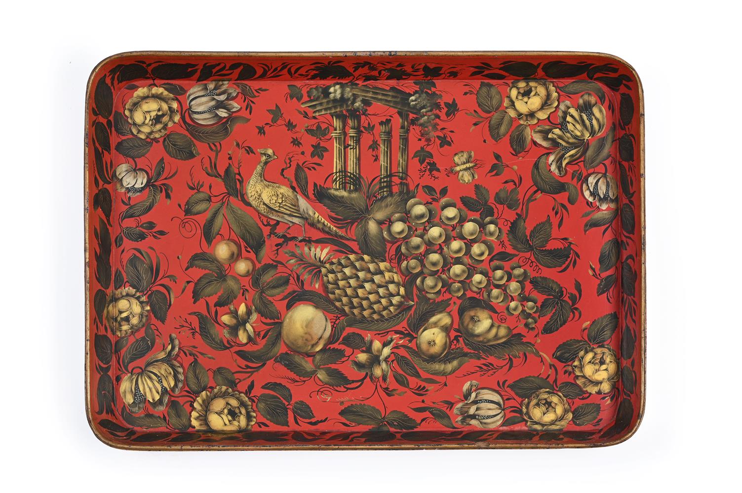 A REGENCY GILT AND RED JAPANNED TRAY, IN THE MANNER OF HENRY CLAY, EARLY 19TH CENTURY
