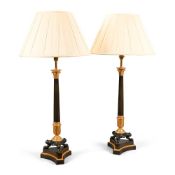 A LARGE PAIR OF GILT AND PATINATED BRONZE TRIFORM TABLE LIGHTS, EARLY 19TH CENTURY