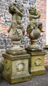 A PAIR OF COMPOSITION STONE FIGURES OF INFANT MUSCIANS, LATE 20TH CENTURY