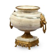 A FRENCH ORMOLU MOUNTED VARIEGATED ONYX URN, LATE 19TH CENTURY