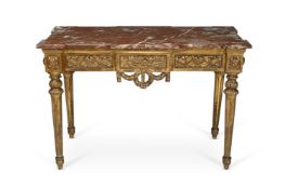 A FRENCH CARVED GILTWOOD AND MARBLE TOPPED CENTRE TABLE, IN LOUIS XVI STYLE, 19TH CENTURY