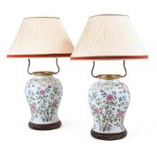 A PAIR OF CHINESE FAMILLE ROSE VASE TABLE LAMPS, 19TH CENTURY