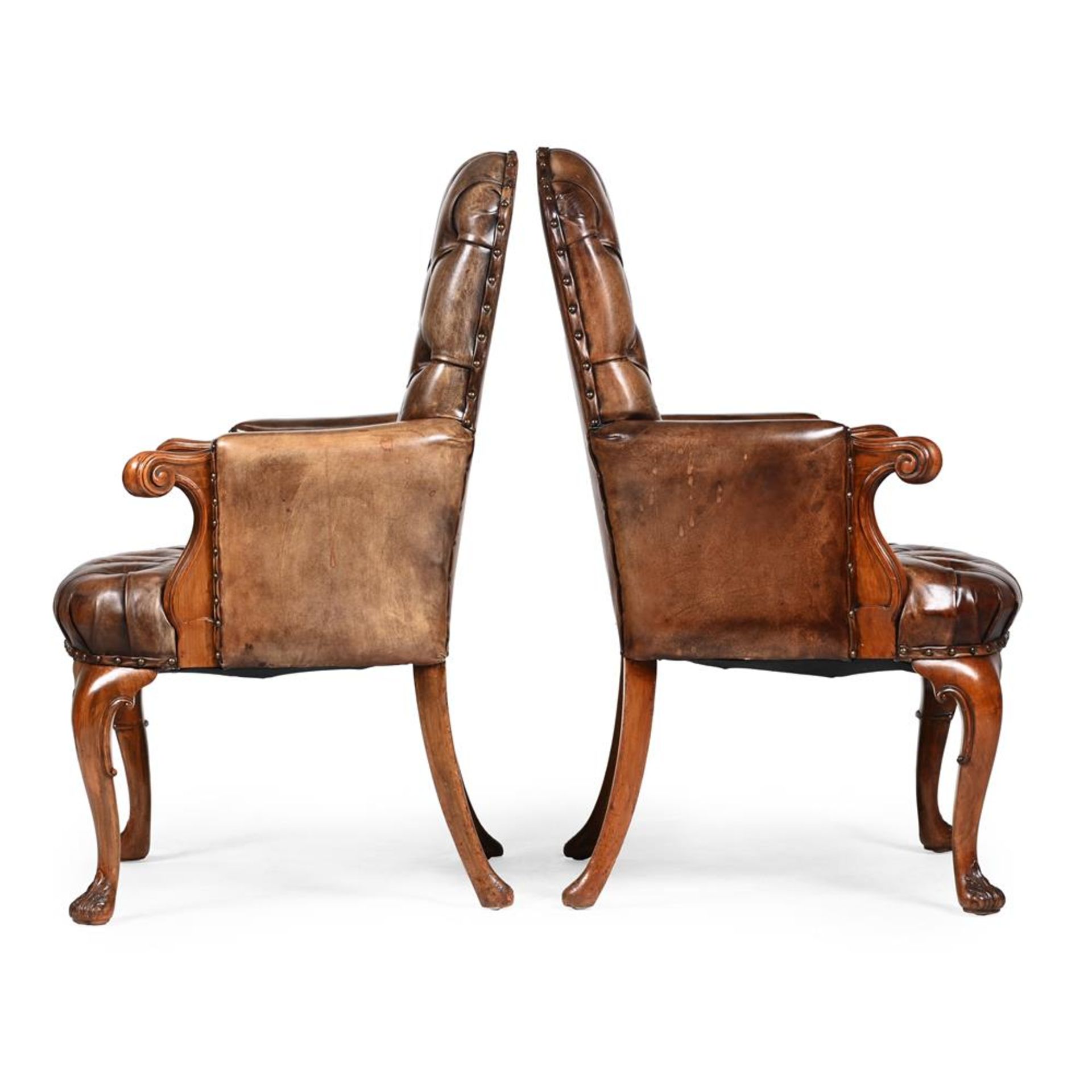 A PAIR OF WALNUT AND BUTTONED LEATHER UPHOLSTERED LIBRARY ARMCHAIRS, IN GEORGE I STYLE - Image 3 of 3