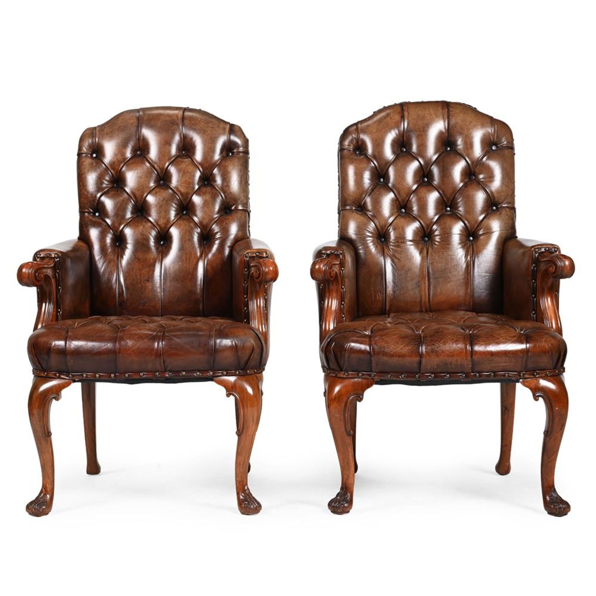 A PAIR OF WALNUT AND BUTTONED LEATHER UPHOLSTERED LIBRARY ARMCHAIRS, IN GEORGE I STYLE - Image 2 of 3