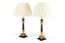 A PAIR OF TRIFORM BRONZE AND GILT TABLE LIGHTS, SECOND QUARTER 19TH CENTURY