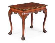 A SCARLET LACQUER, PARCEL GILT AND CHINOISERIE DECORATED SIDE OR CENTRE TABLE, MID 19TH CENTURY