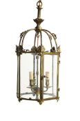 A GILT METAL FRAMED GLAZED HEXAGONAL HALL LANTERN, LATE 19TH CENTURY