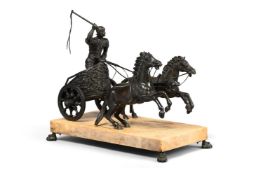 AN ITALIAN BRONZE AND SIENA MARBLE GROUP OF A ROMAN CHARIOTEER, POSSIBLY ROME, 19TH CENTURY