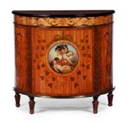 Y A GEORGE III SATINWOOD, TULIPWOOD, BRASS MOUNTED AND SPECIMENT FLORAL MARQUETRY DEMI LUNE COMMODE