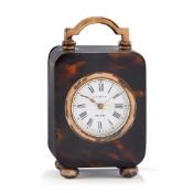 Y AN EDWARDIAN SILVER MOUNTED TORTOISESHELL MINIATURE CARRIAGE TIMEPIECE