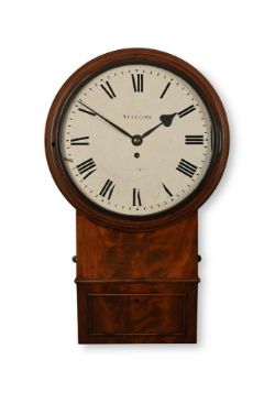 A FINE EARLY VICTORIAN WOODEN-DIALLED DROP-DIAL FUSEE WALL TIMEPIECE