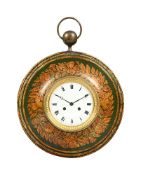 A FRENCH TOLE PEINTE CIRCULAR WALL CLOCK
