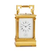 A FRENCH GILT BRASS ANGLAISE RICHE CASED CARRIAGE CLOCK WITH PUSH-BUTTON REPEAT AND ALARM